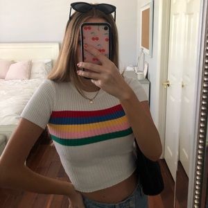 White T-Shirt with Rainbow Stripes